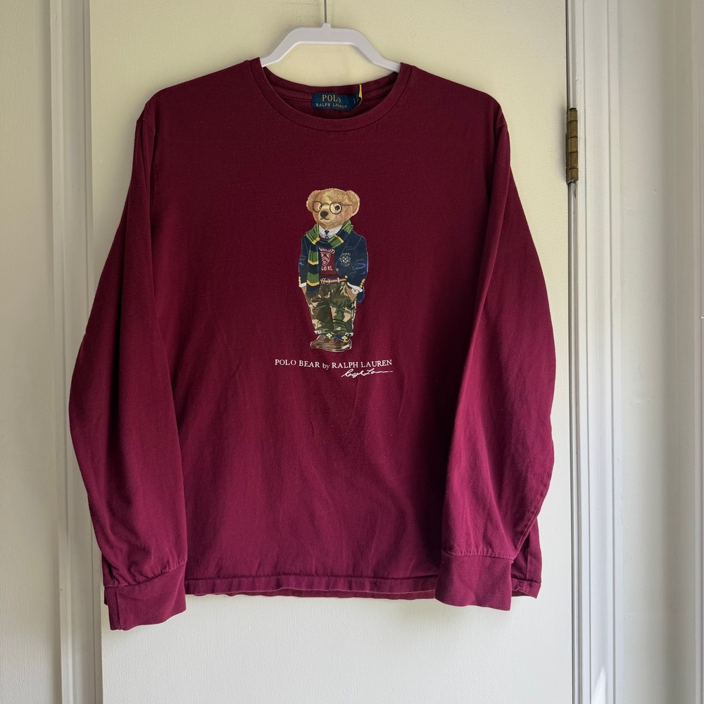 Polo Ralph Lauren Polo Bear Burgundy Long Sleeve T-Shirt Large Maroon Camo
